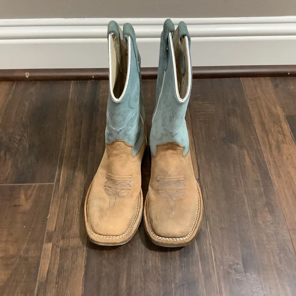 Cody James Youth Western Boots Tan Leather Blue Suede Square Toe Size 2.0D